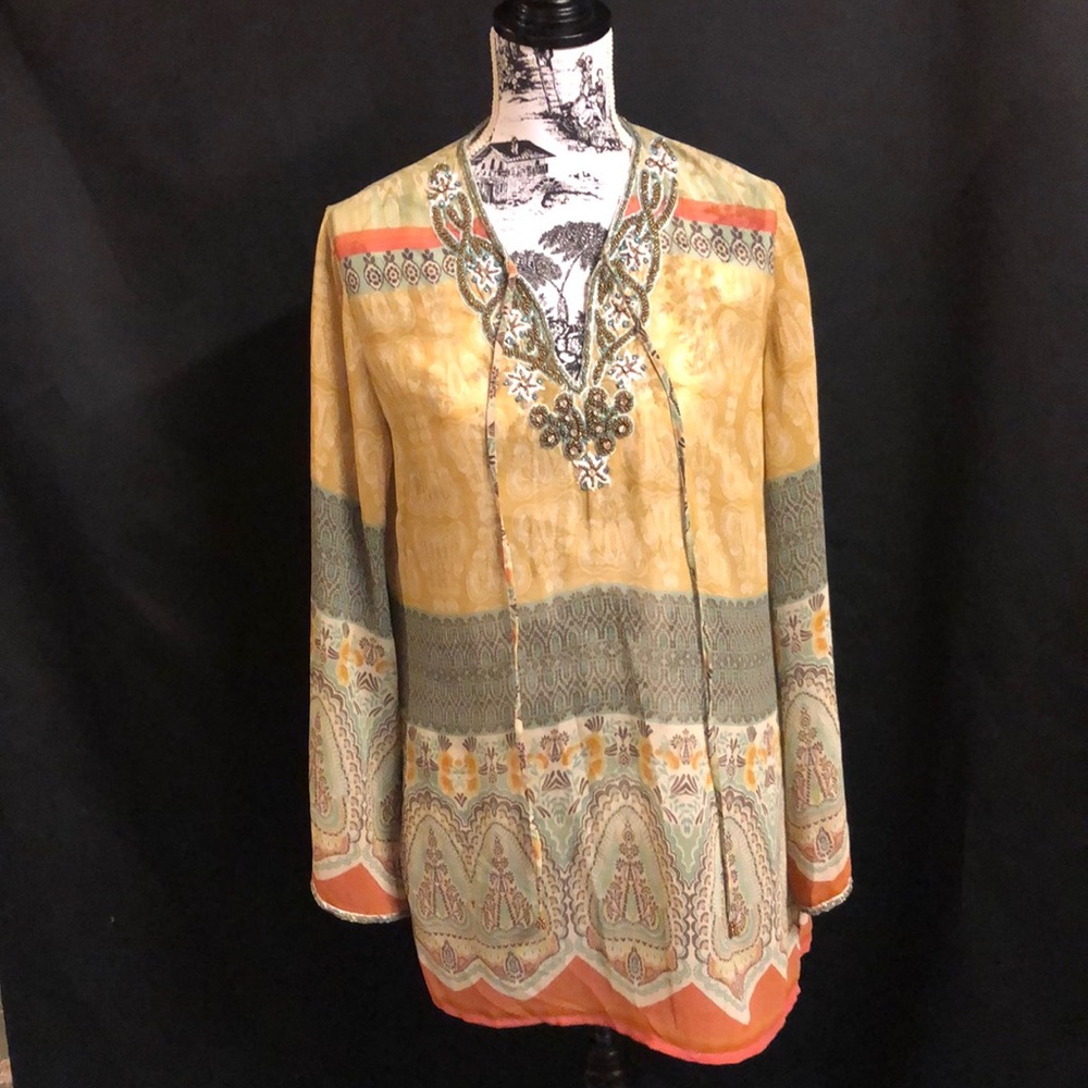 Beaded v neck top with beaded wide sleeve